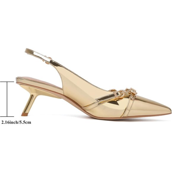 Women's Gold Pointed Toe Pumps Patent Leather Slingback Heels With Buckle - Picture 4 of 9
